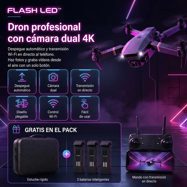 Dron profesional con cámara dual 4K, estuche rígido y baterías de Flash Led