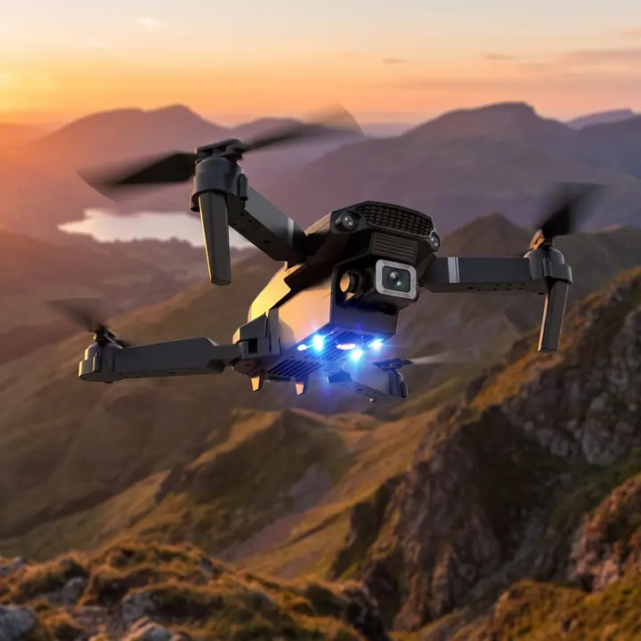 Dron con cámara en vuelo sobre montañas al atardecer